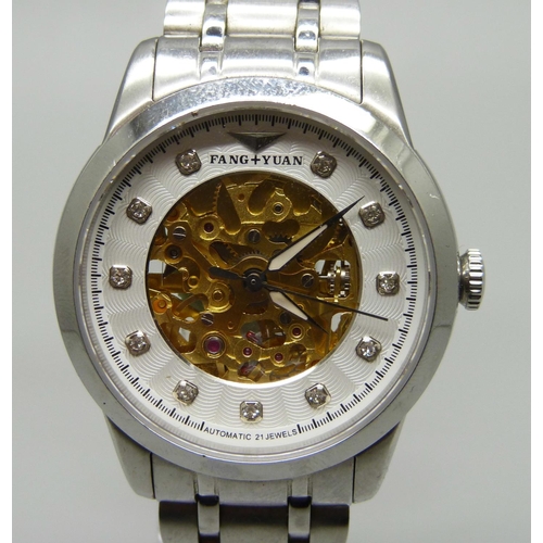 1045 - A lady's Fang+Yuan 21 jewels automatic wristwatch and a Skeleton pocket watch