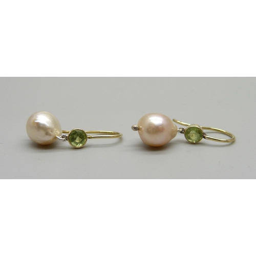 1048 - A cased pair of peridot and cultured pearl drop earrings, (pearls mounted in silver)