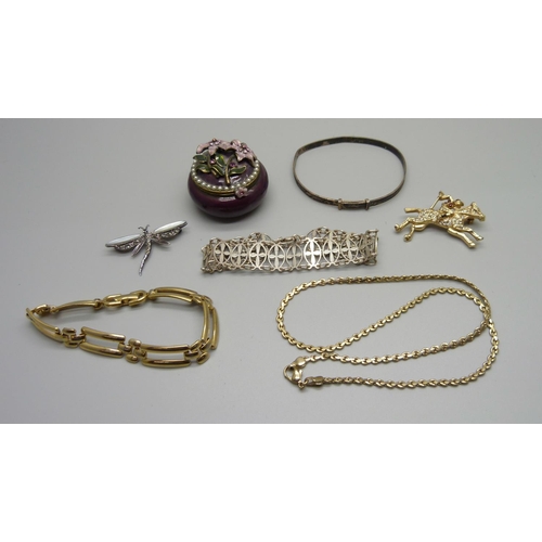 1064 - A silver bracelet and brooch, costume jewellery and a pill box