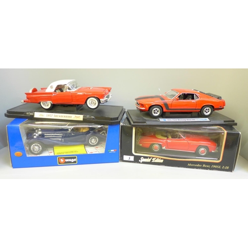 601 - Four 1:18 scale model cars including Ford 1957 Thunderbird, Mercedes Benz 190SL, two boxed