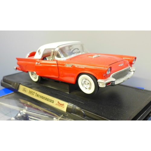 601 - Four 1:18 scale model cars including Ford 1957 Thunderbird, Mercedes Benz 190SL, two boxed