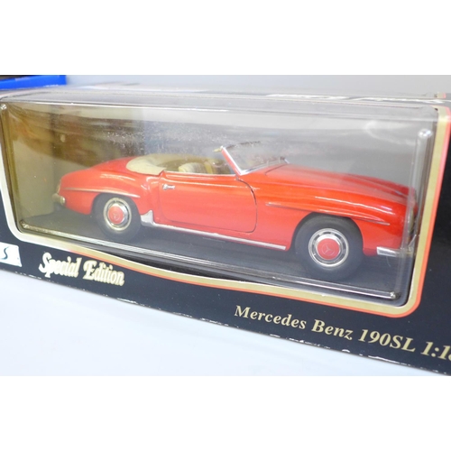 601 - Four 1:18 scale model cars including Ford 1957 Thunderbird, Mercedes Benz 190SL, two boxed