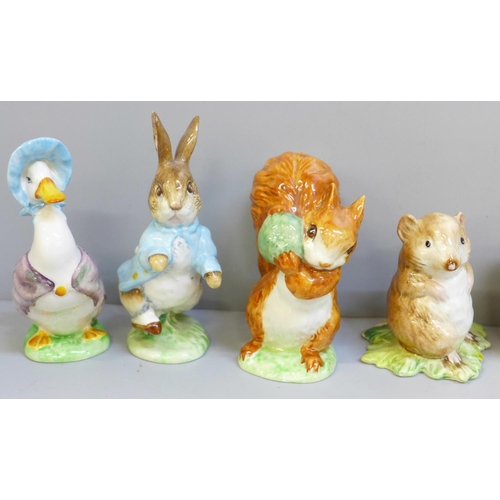 645 - Eight Beswick Tales of Beatrix Potter figures, Mrs Tiggywinkle, Jemima Puddleduck, Peter Rabbit, Pig... 