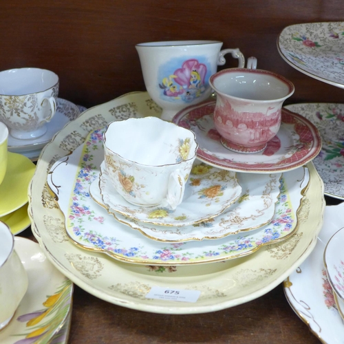 675 - A collection of tea trios including Royal Albert, Paragon, a Midwinter Stylecraft three tier cake st... 