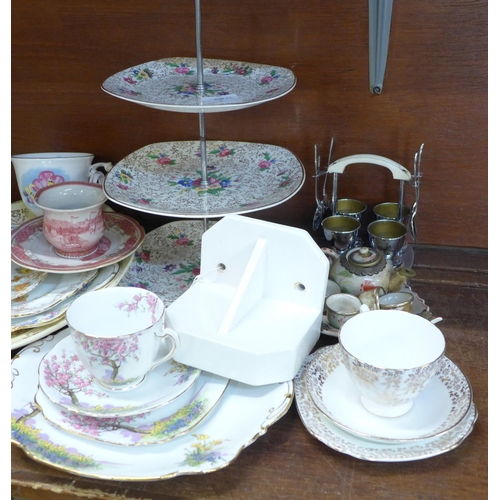 675 - A collection of tea trios including Royal Albert, Paragon, a Midwinter Stylecraft three tier cake st... 