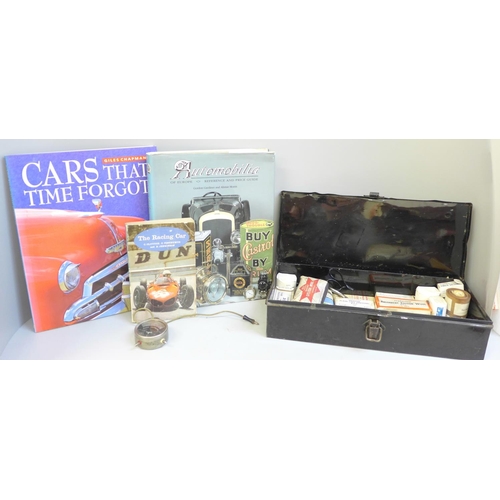 679 - A 1940s Romac first aid kit with original contents, a radio voltmeter and automobilia catalogues