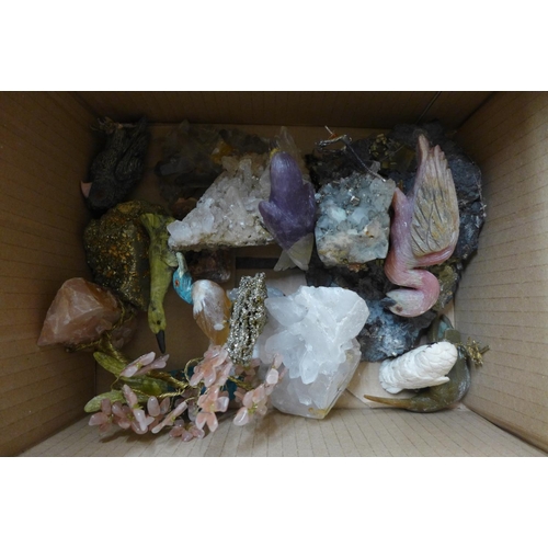 730 - A box of gemstone figures, some carved and mineral samples