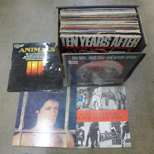 739 - A record box with rock LP records; Rolling Stones, Ten Years After, Bruce Springsteen, Billy Joel, e... 