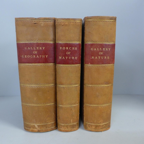 766 - Gallery of Geography, Gallery of Nature circa 1860, Forces of Nature 1870, all 3 volumes half calf