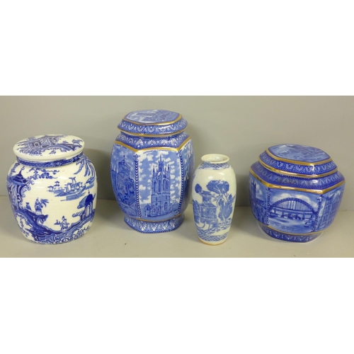 780 - Two Ringtons lidded blue and white pots, one other and a small Oriental vase