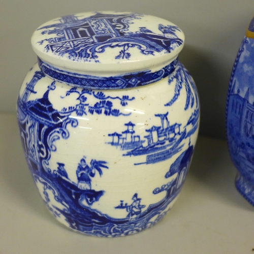 780 - Two Ringtons lidded blue and white pots, one other and a small Oriental vase