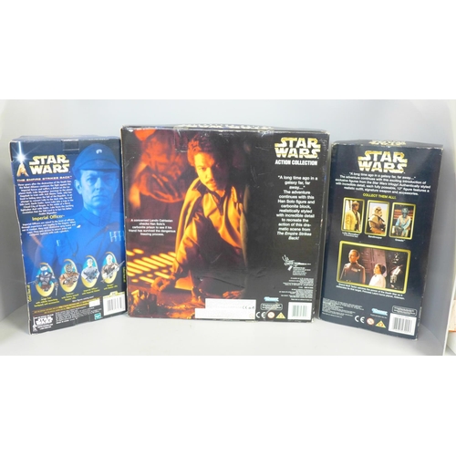 787 - Three boxed Star Wars figures; Hans Solo as Prisoner, Carbonite block, The Empire Strikes Back Imper... 