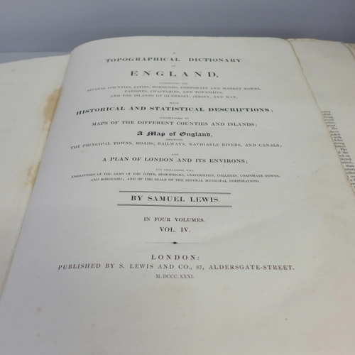 790 - Four volumes, Lewis's Topographical Dictionary of England 1831, lacking maps