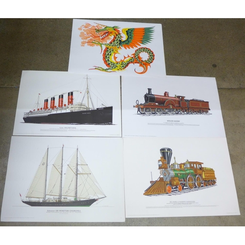 804 - Five 1970s large lithographic prints; two trains, two ships and a stylised dragon