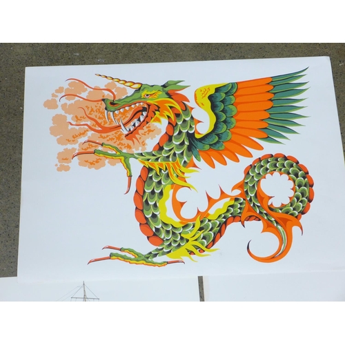 804 - Five 1970s large lithographic prints; two trains, two ships and a stylised dragon