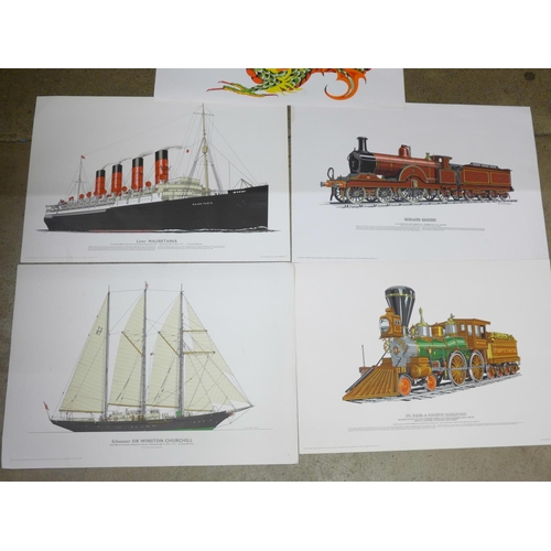 804 - Five 1970s large lithographic prints; two trains, two ships and a stylised dragon