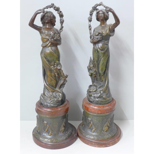 811 - A pair of painted spelter figures of ladies, after Ruchot, one a/f, 41cm