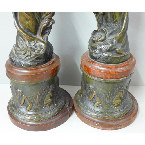 811 - A pair of painted spelter figures of ladies, after Ruchot, one a/f, 41cm