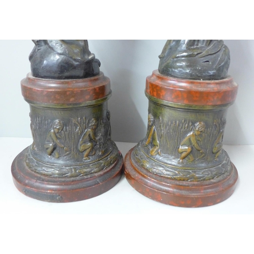 811 - A pair of painted spelter figures of ladies, after Ruchot, one a/f, 41cm