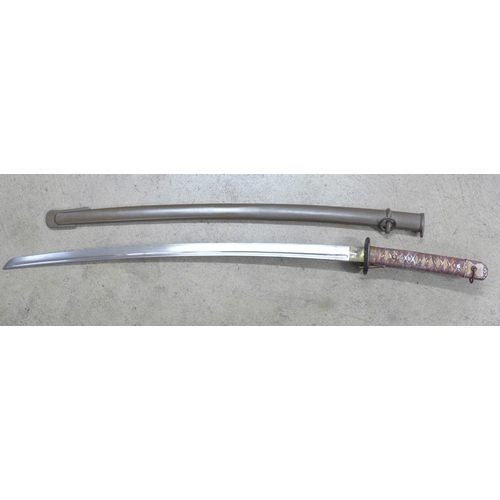 825 - A WWII Japanese sword and scabbard, type 3 Tokyo factory mark NCO, matching number