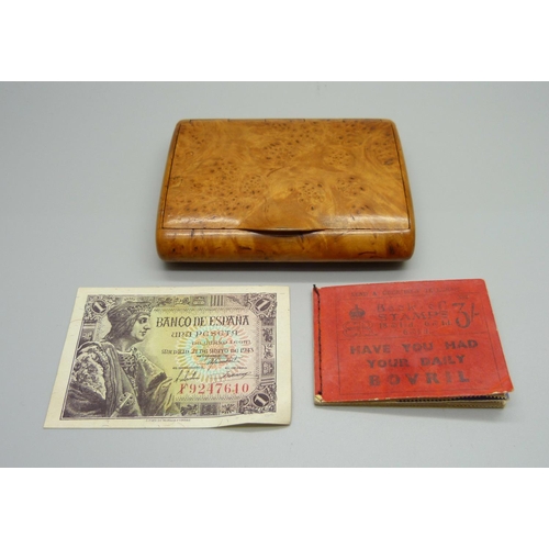 847 - A booklet of Edward VIII postage stamps, a 1942 Spanish banknote and a walnut box