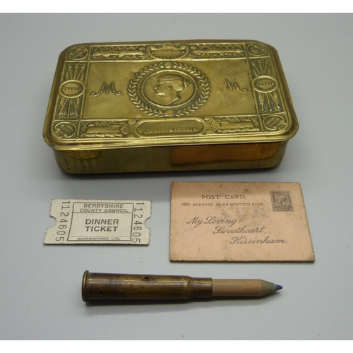 849 - A WWI Christmas 1914 tin and a trench art bullet shell case pencil