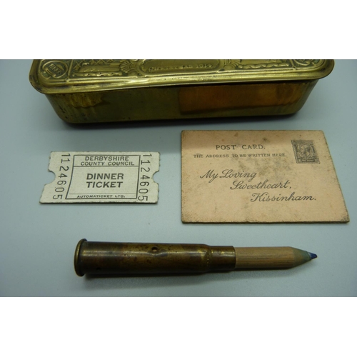 849 - A WWI Christmas 1914 tin and a trench art bullet shell case pencil