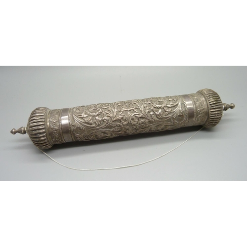 852 - A white metal scroll holder, 312g