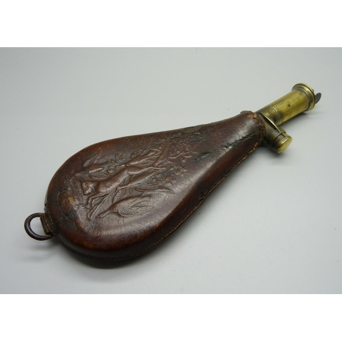 853 - A leather shot flask, Sykes & Co.