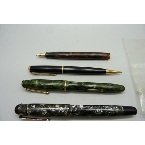 855 - Eleven 18ct rolled gold pen nibs, four pens with 14ct gold nibs, one lacking top, etc.