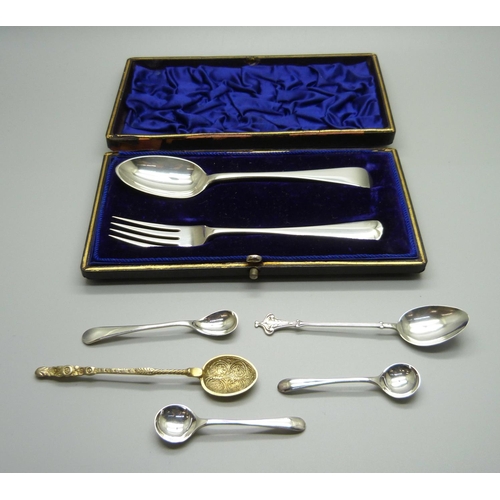 877 - A silver fork and spoon, case a/f, and five other silver spoons, 91g