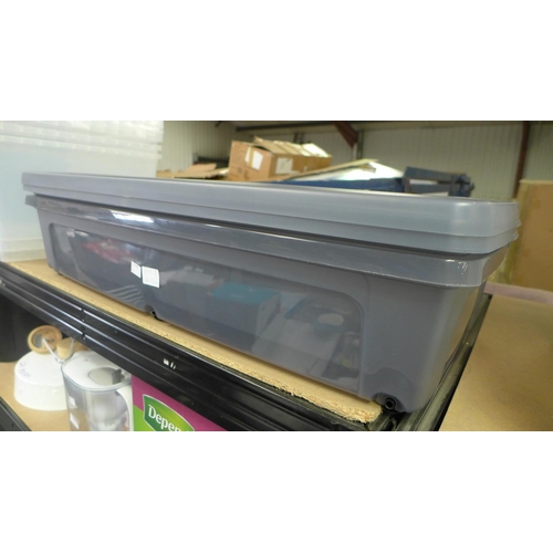 3408E - 2 x Grey plastic - under bed storage boxes on wheels with lids - Damaged