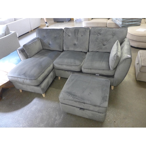 1504 - A Hoxton grey button back velvet LHF corner sofa and ottoman footstool