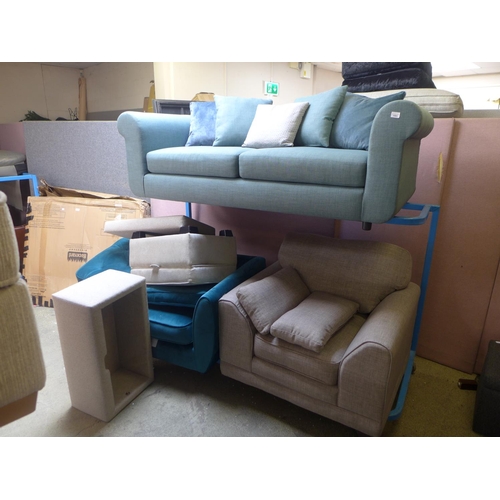 1563 - A quantity of sofas including an aquamarine three seater, a grey armchair, teal corner end section a... 