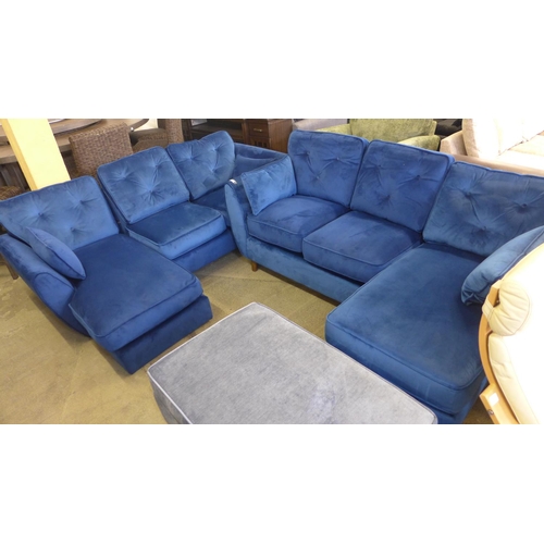 1635 - A pair of Hoxton LHF and RHF deep blue velvet corner sofas -one damaged