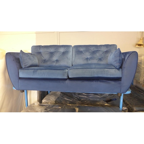 1652 - A Hoxton deep ocean blue velvet three seater sofa