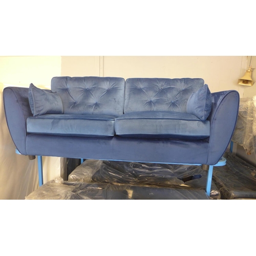 1654 - A Hoxton deep ocean blue velvet three seater sofa