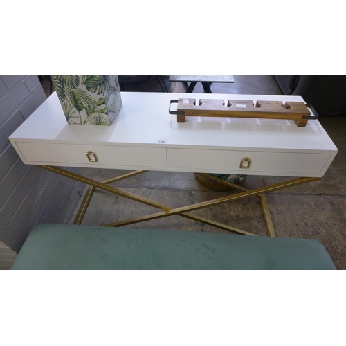 1346 - A white two drawer console table with gold legs