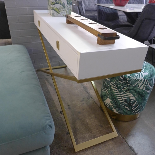 1346 - A white two drawer console table with gold legs