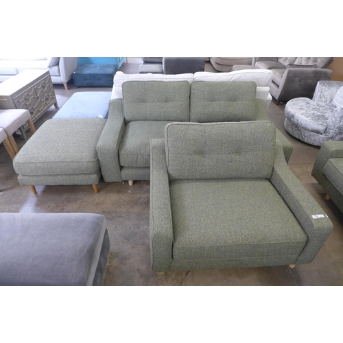 1414 - A sage green upholstered three seater sofa and loveseat with footstool