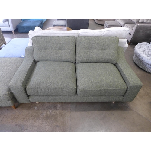 1414 - A sage green upholstered three seater sofa and loveseat with footstool