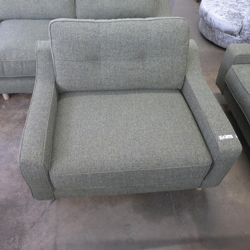 1414 - A sage green upholstered three seater sofa and loveseat with footstool