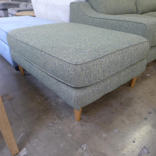 1414 - A sage green upholstered three seater sofa and loveseat with footstool