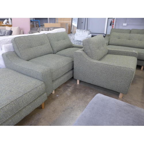 1414 - A sage green upholstered three seater sofa and loveseat with footstool