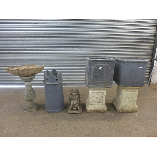 2221 - 2 Concrete plant stands with plant boxes, concrete bird bath, concrete hedgehog and terracotta chimn... 