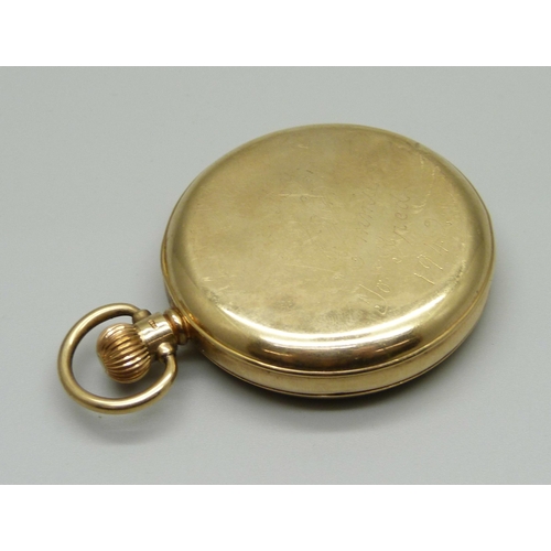 1008 - A 9ct gold pocket watch, case back with worn inscription