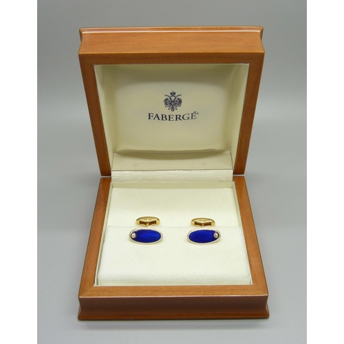 1019 - A pair of Faberge 18ct gold, guilloche enamel and diamond cufflinks, boxed, no.51/1000, 0.10cts, wit... 