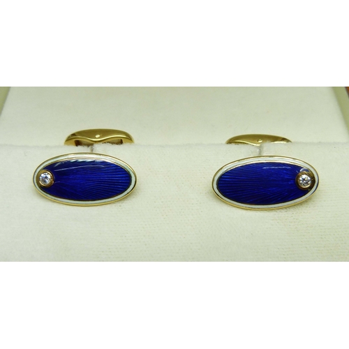 1019 - A pair of Faberge 18ct gold, guilloche enamel and diamond cufflinks, boxed, no.51/1000, 0.10cts, wit... 