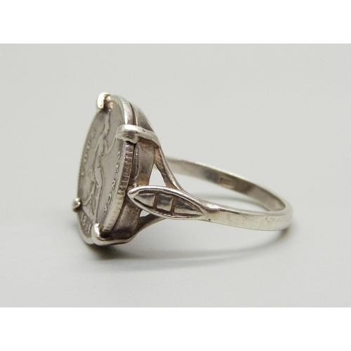 1021 - An 1854 silver four pence coin ring, R