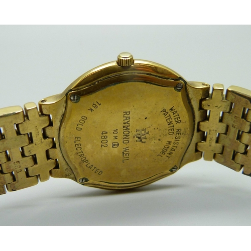 1030 - An 18ct gold plated Raymond Weil  wristwatch, plating worn on bracelet